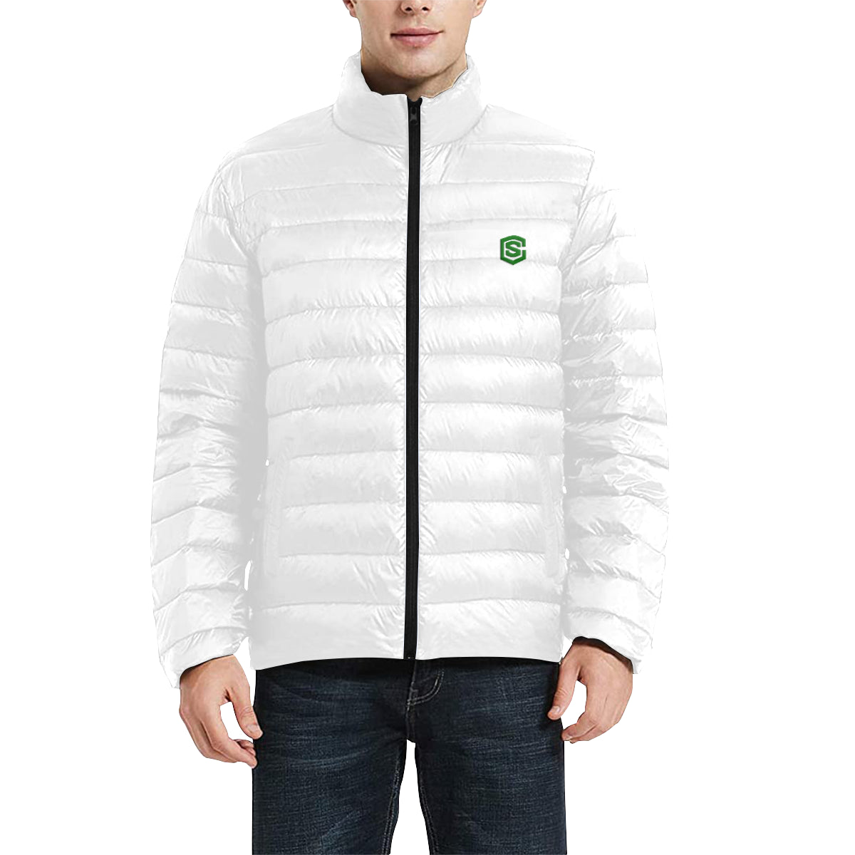 Green Logo Men's Stand Collar Padded Jacket (Model H41)