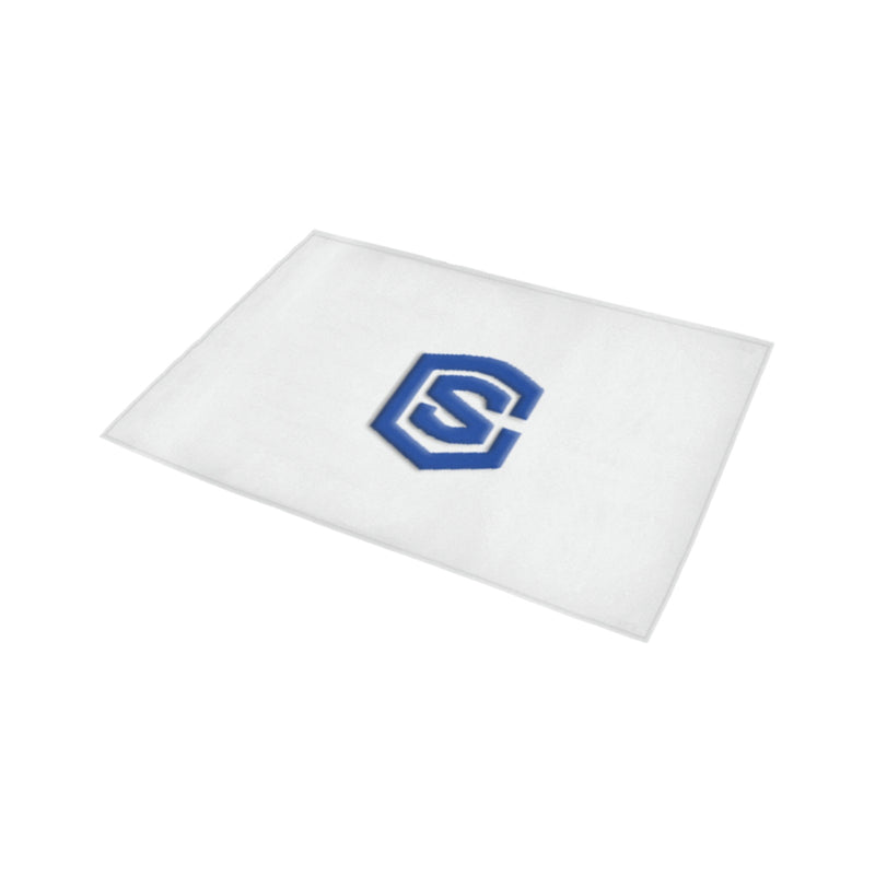 White Door Mat with Blue Logo Doormat 24" x 16" (Sponge Material)