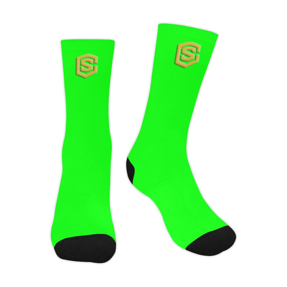 Green Sublimated Crew Socks (Made In USA) with Gold Logo Sublimated Crew Socks (Made In USA)