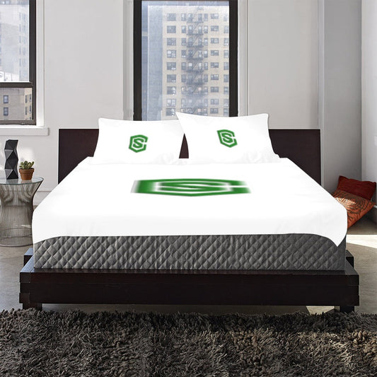 White 3-Piece Bedding Set (1 Duvet Cover 86"x70"; 2 Pillowcases 20"x30")(One Side) wtih Green Logo 3-Piece Bedding Set (1 Duvet Cover 86"x70"; 2 Pillowcases 20"x30")(One Side)