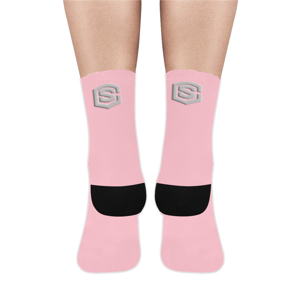 Pink Sublimated Crew Socks (Made In USA) with Silver Logo Sublimated Crew Socks (Made In USA)