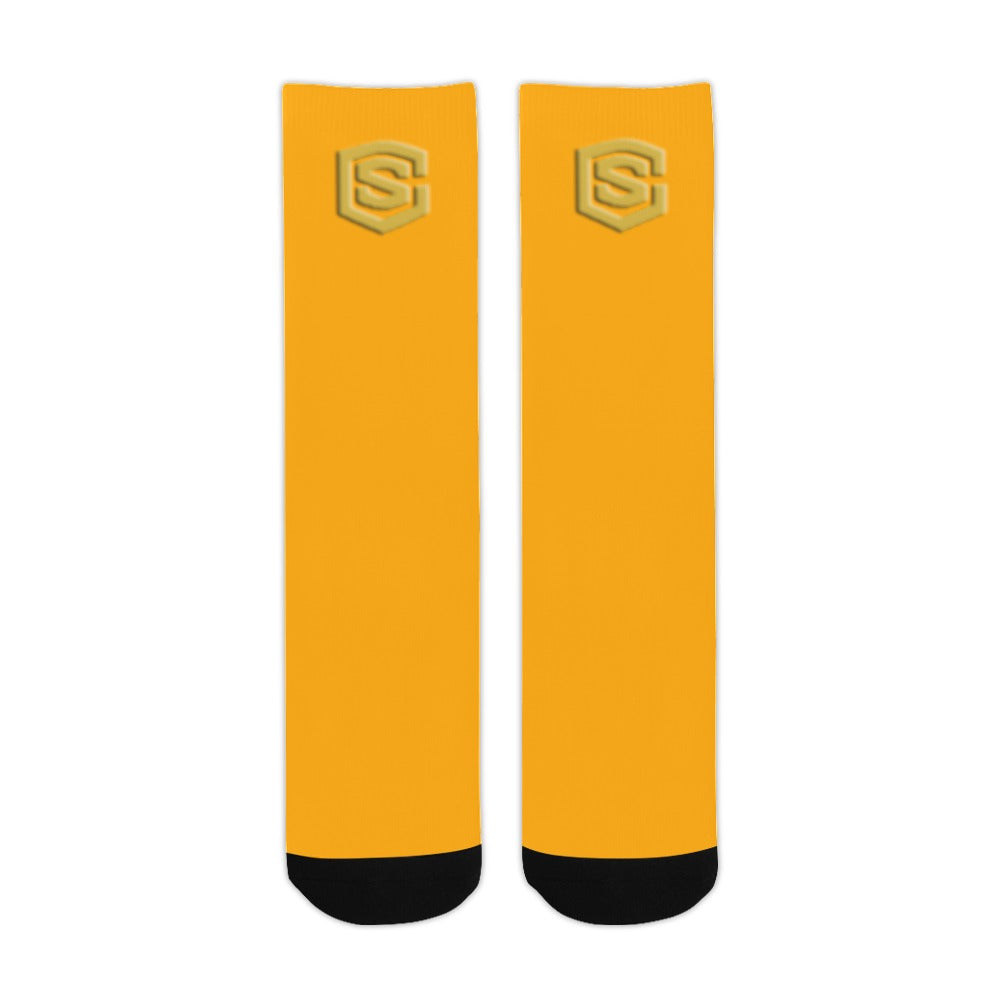 Orange Sublimated Crew Socks (Made In USA) with Gold Logo Sublimated Crew Socks (Made In USA)