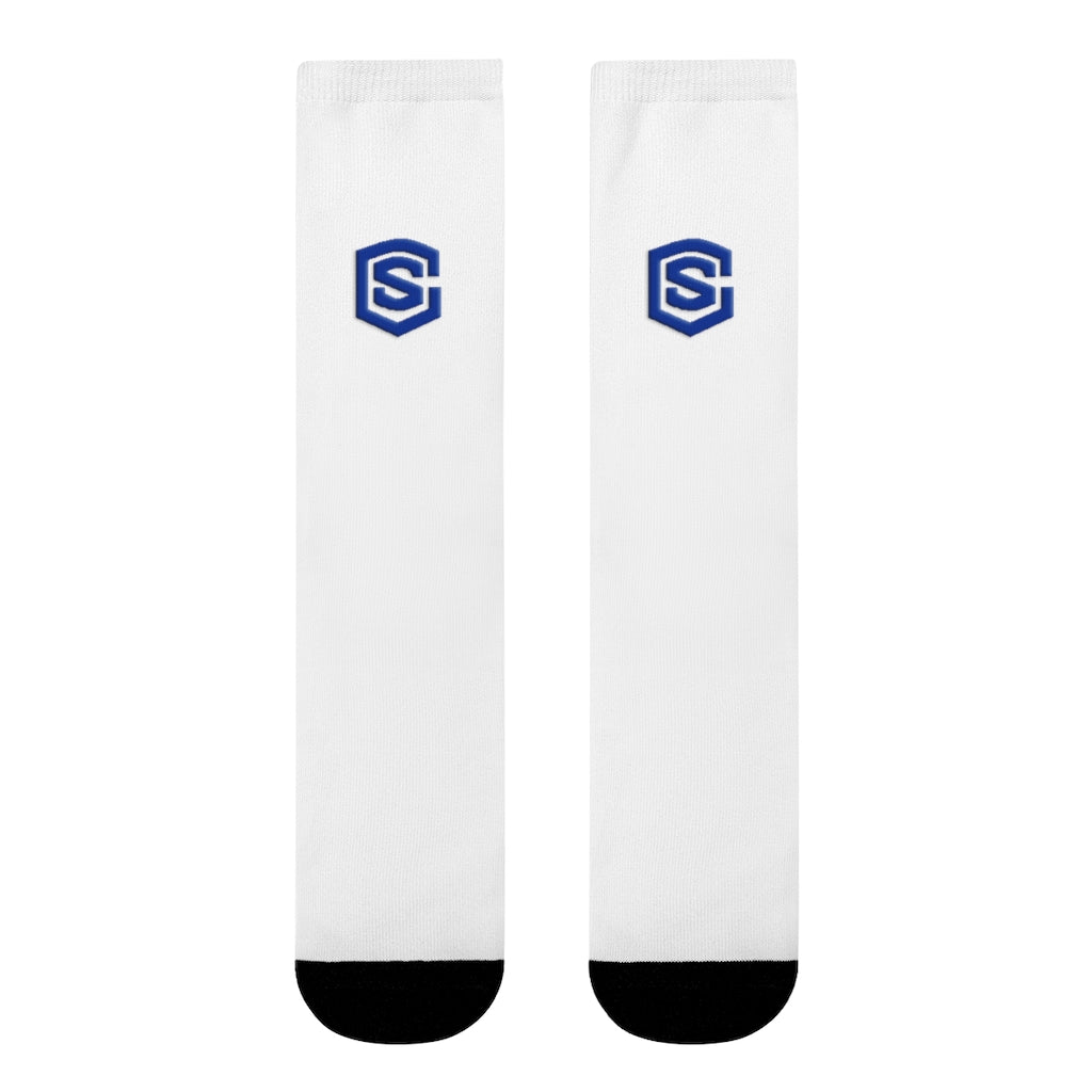 white Sublimation Crew Socks (EU) Blue Logo