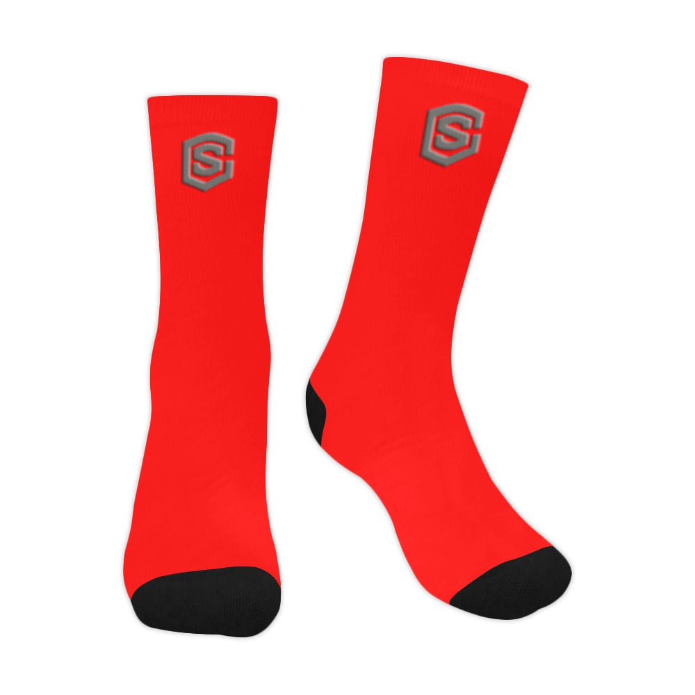 Red Sublimated Crew Socks (Made In USA) with Gray Logo Sublimated Crew Socks (Made In USA)