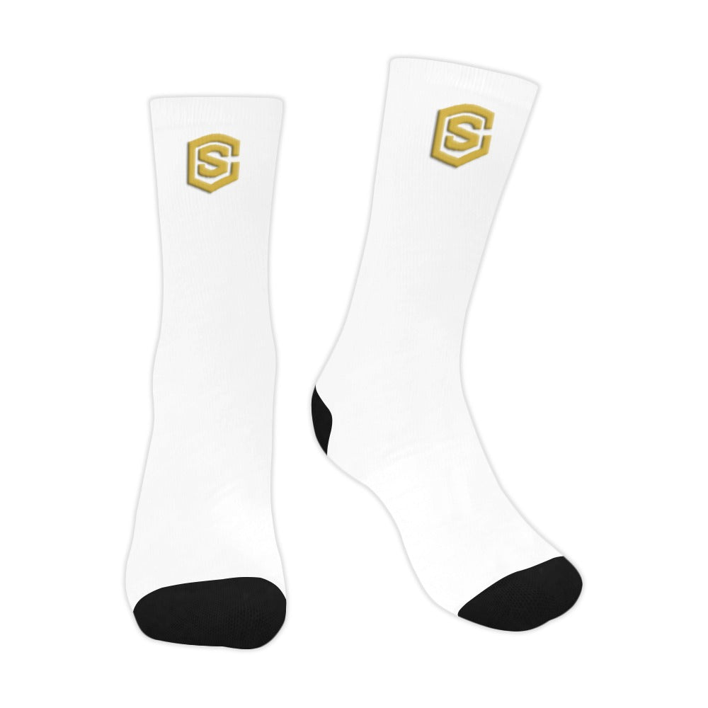 White Sublimated Crew Socks (Made In USA) with Gold Logo Sublimated Crew Socks (Made In USA)