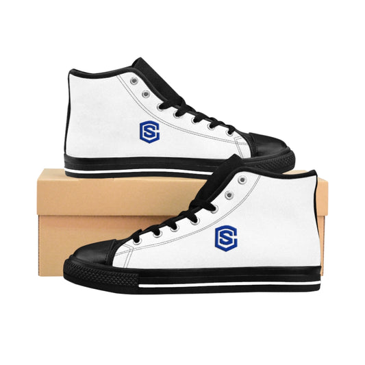 white Men's High-top Sneakers - blue logo