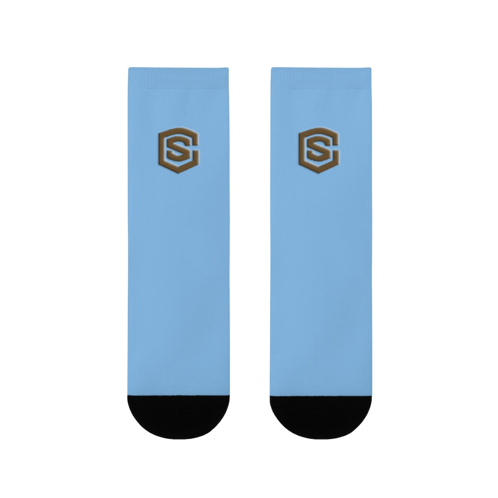 Blue Sublimation Crew Socks (EU) Brown Logo