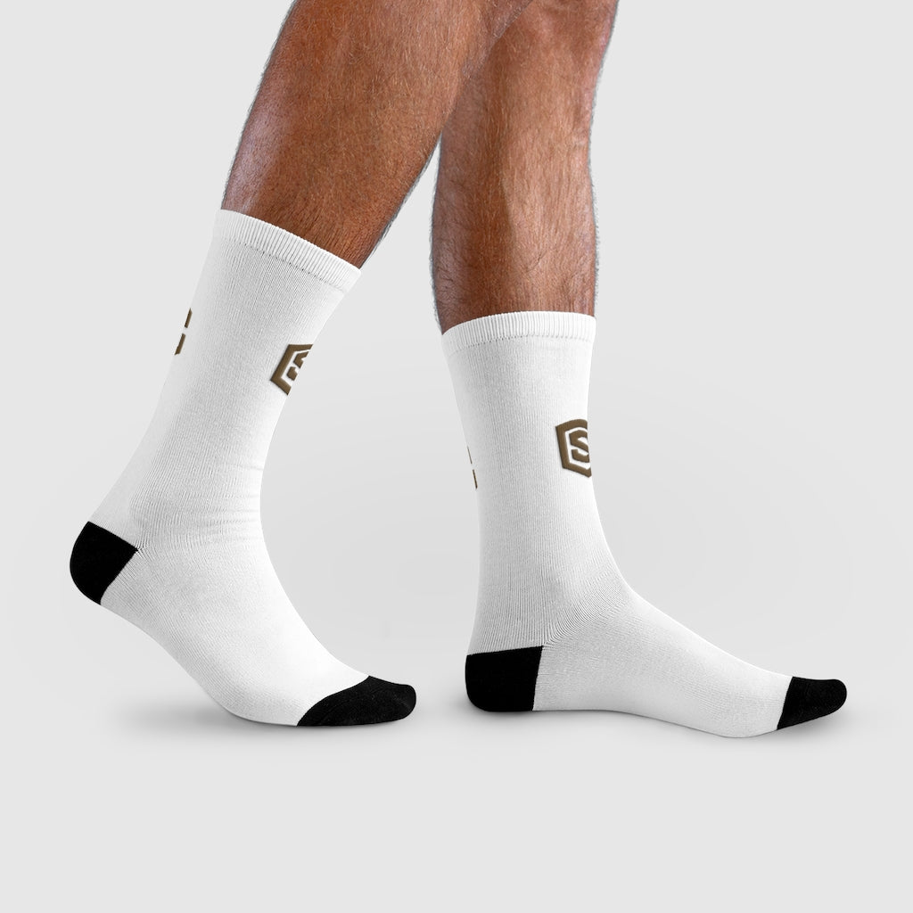 White Sublimation Crew Socks (EU) Brown Logo