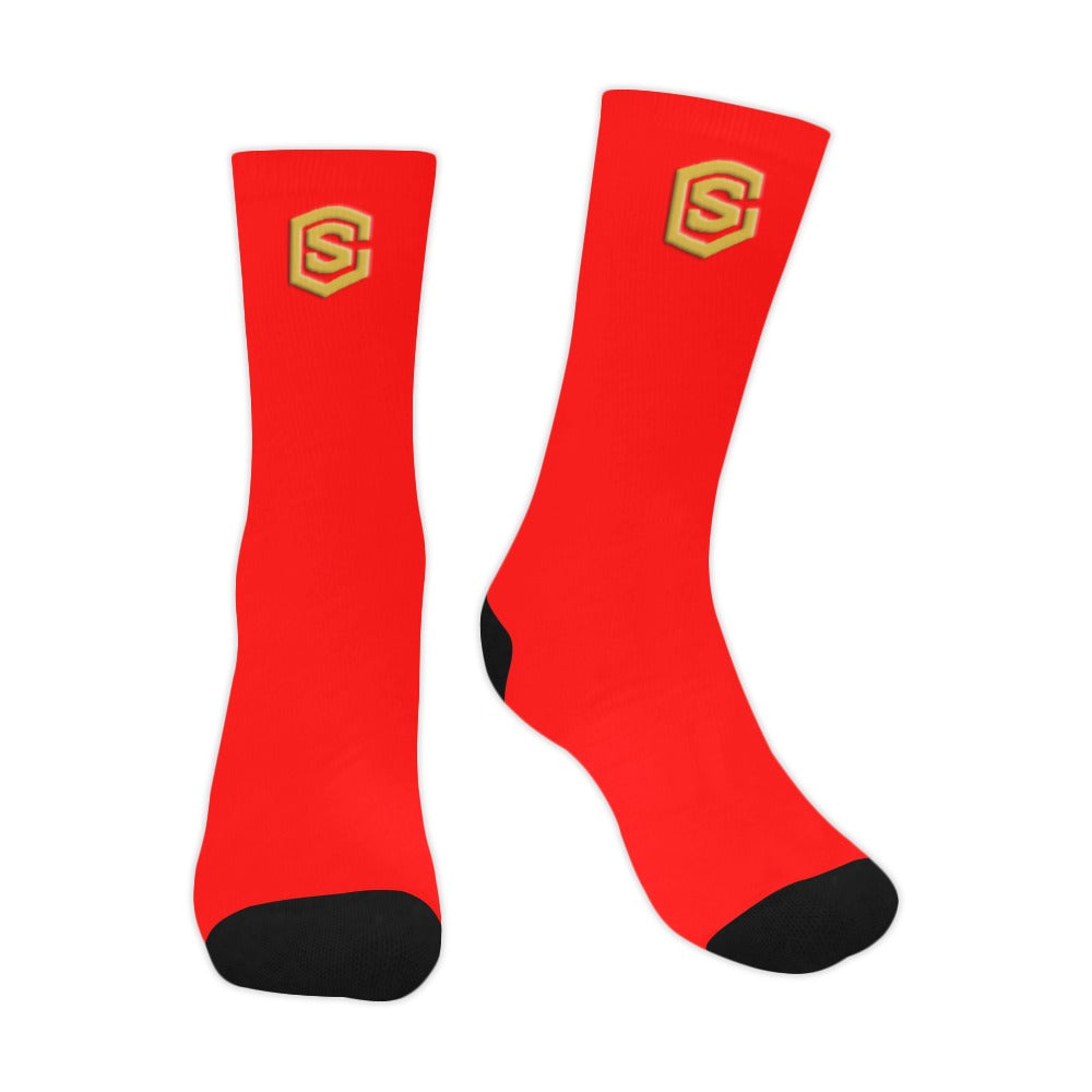 Red Sublimated Crew Socks (Made In USA) with Gold Logo Sublimated Crew Socks (Made In USA)