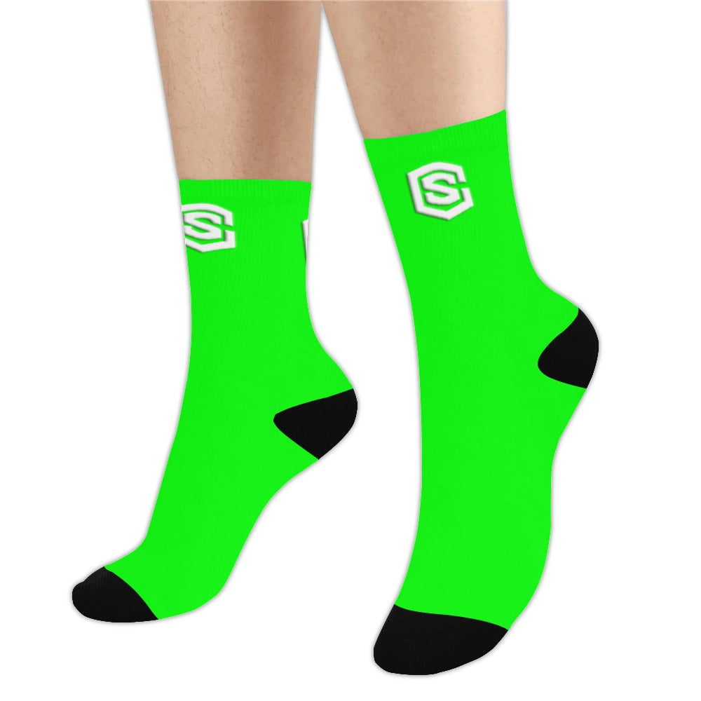 Green Sublimated Crew Socks (Made In USA) with White Logo Sublimated Crew Socks (Made In USA)