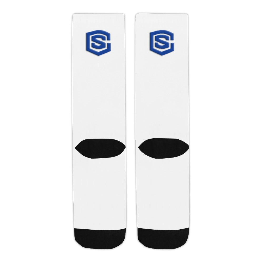 White Sublimated Crew Socks (Made In USA) with Blue Logo Sublimated Crew Socks (Made In USA)