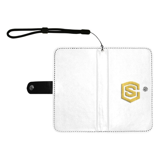 White Flip Leather Purse for Mobile Phone(Model1703)(Large) with Gold Logo Flip Leather Purse for Mobile Phone(Model1703)(Large)