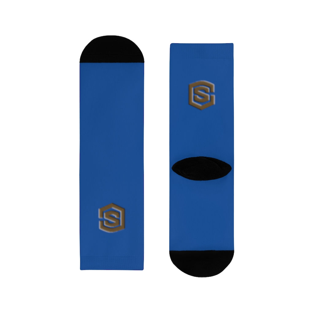 Blue Sublimation Crew Socks (EU) Brown Logo