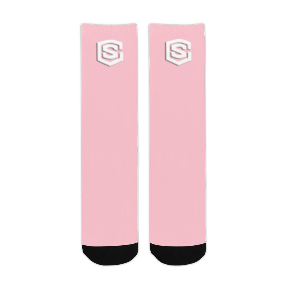 Pink Sublimated Crew Socks (Made In USA) with White Logo Sublimated Crew Socks (Made In USA)