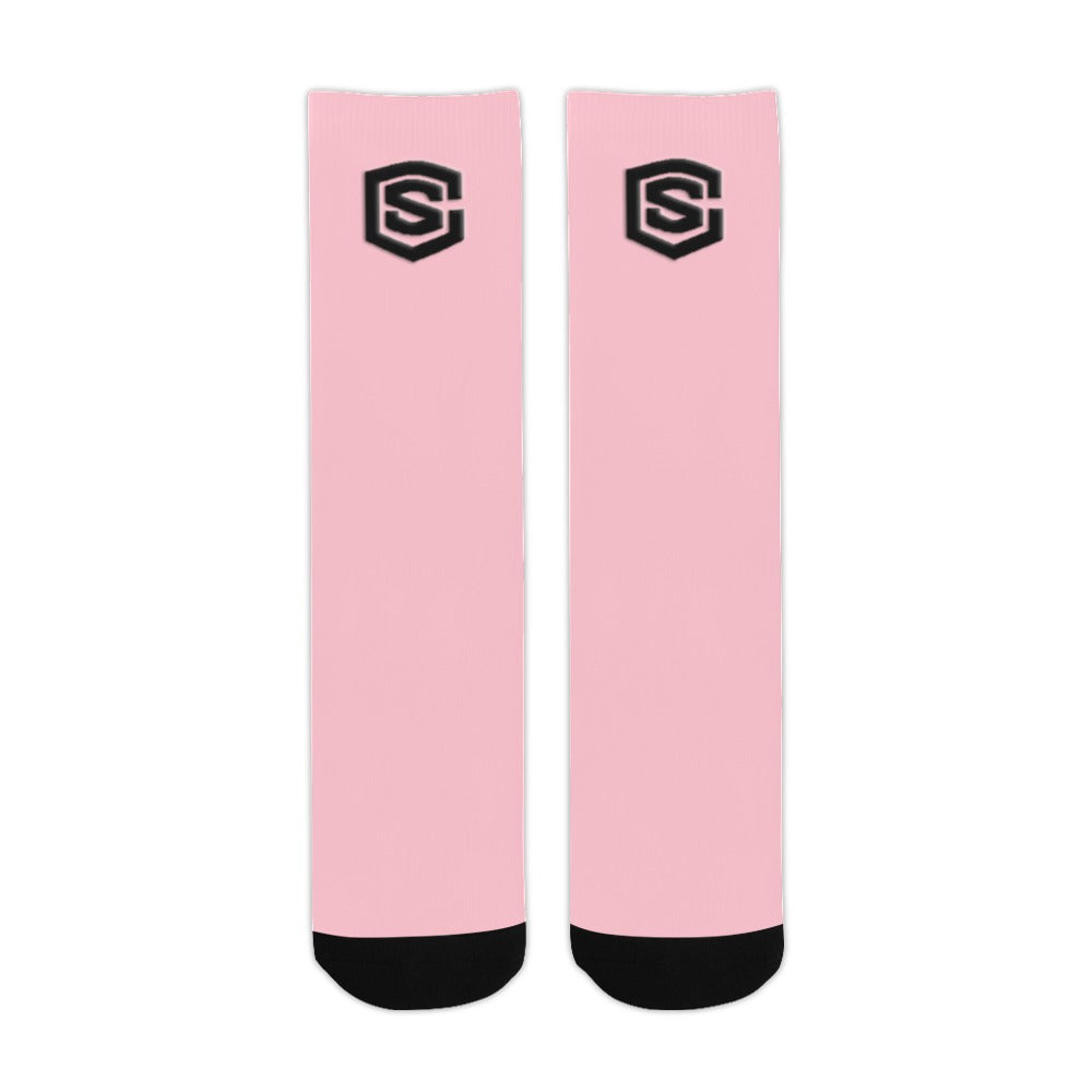 Pink Sublimated Crew Socks (Made In USA) with Black Logo Sublimated Crew Socks (Made In USA)