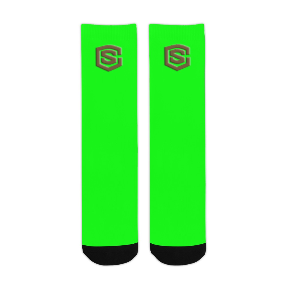 Green Sublimated Crew Socks (Made In USA) with Brown Logo Sublimated Crew Socks (Made In USA)