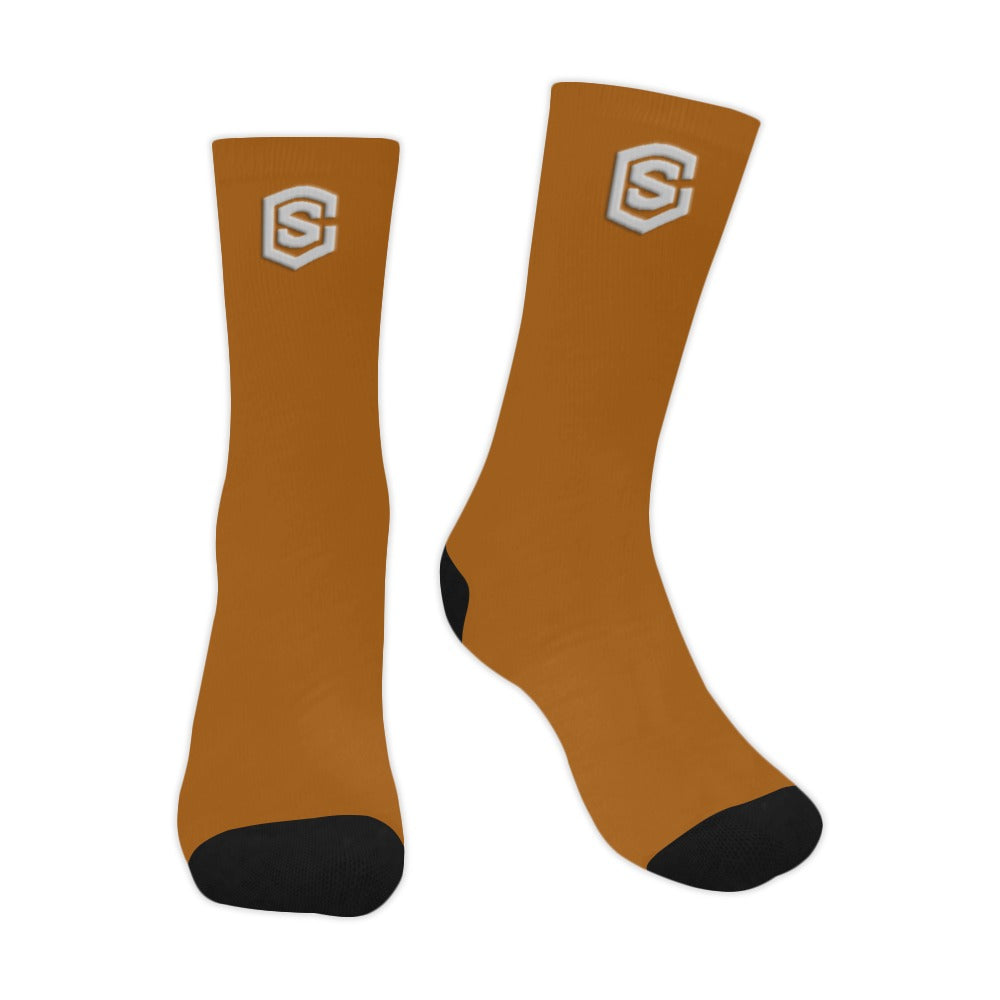 Brown Sublimated Crew Socks (Made In USA) with Silver Logo Sublimated Crew Socks (Made In USA)