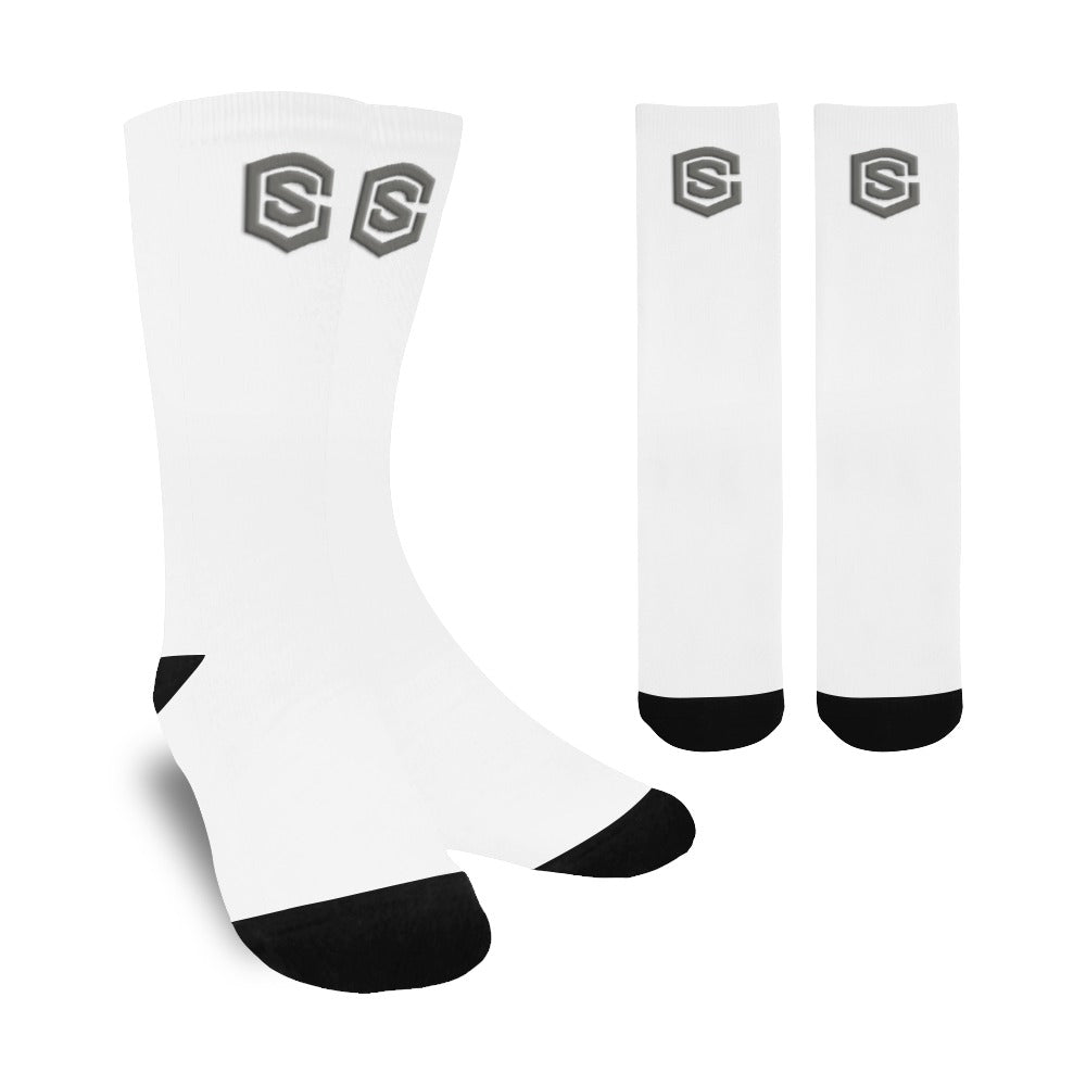 White Sublimated Crew Socks (Made In USA) with Gray Logo Sublimated Crew Socks (Made In USA)