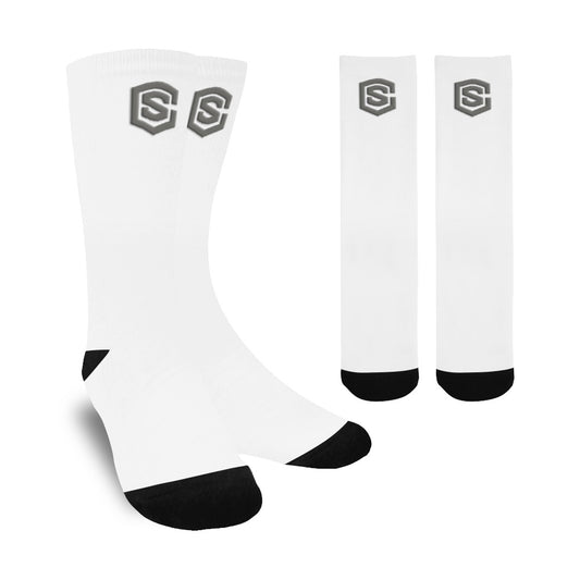 White Sublimated Crew Socks (Made In USA) with Gray Logo Sublimated Crew Socks (Made In USA)