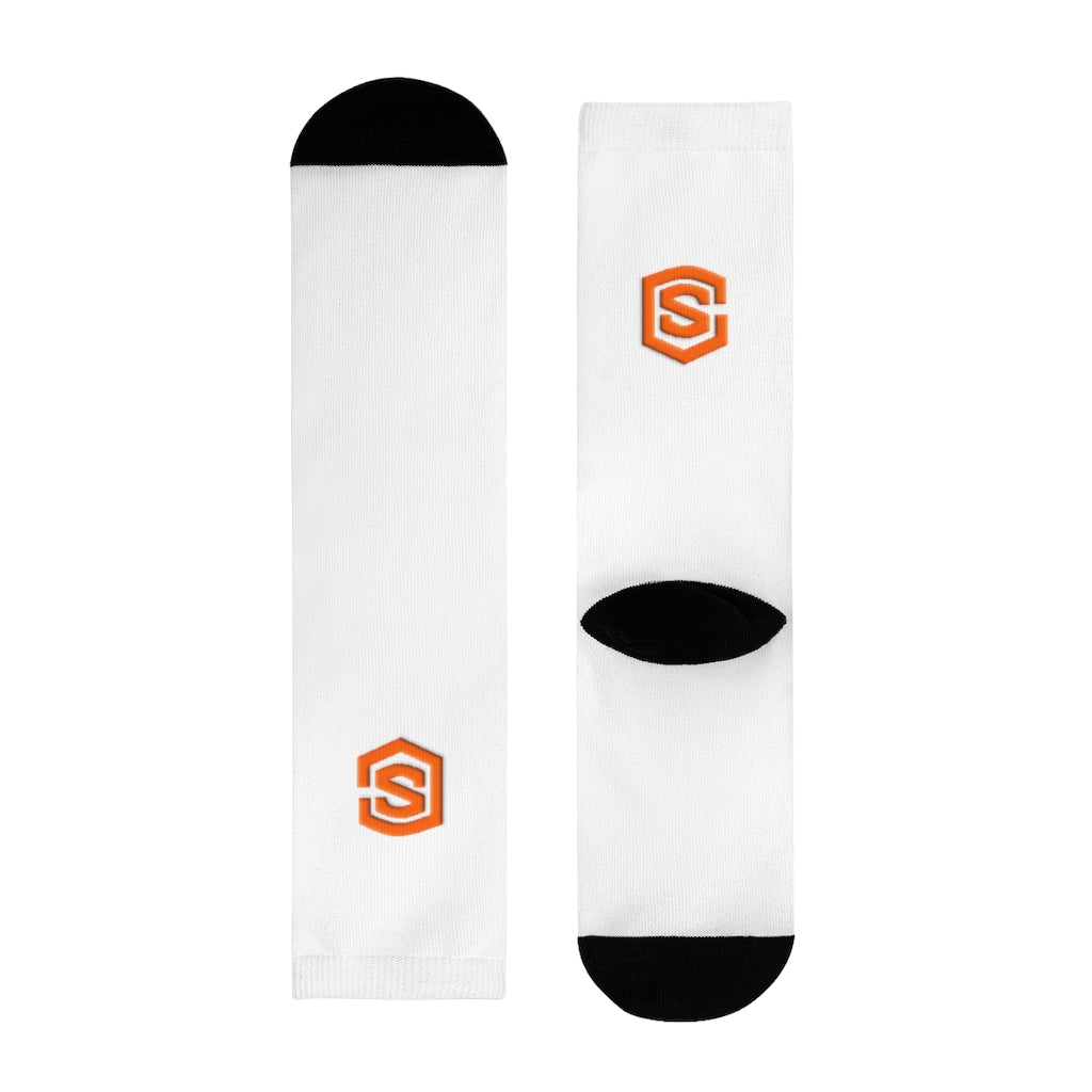 White Sublimation Crew Socks (EU) Orange Logo
