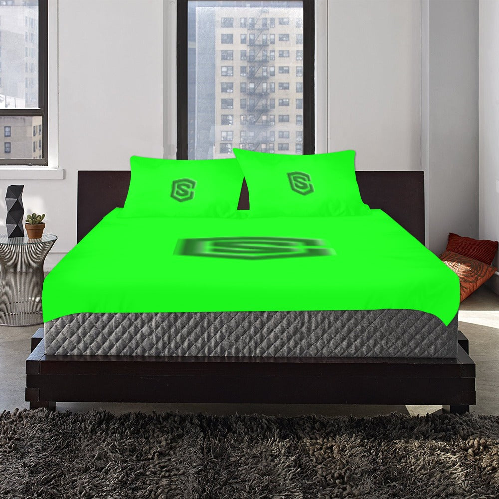 Green 3-Piece Bedding Set (1 Duvet Cover 86"x70"; 2 Pillowcases 20"x30")(One Side) wtih Green Logo 3-Piece Bedding Set (1 Duvet Cover 86"x70"; 2 Pillowcases 20"x30")(One Side)