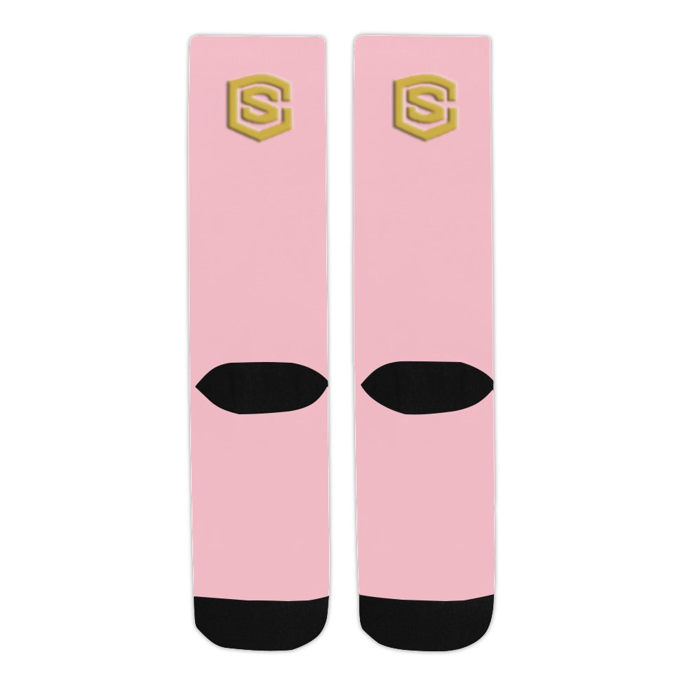 Pink Sublimated Crew Socks (Made In USA) with Gold Logo Sublimated Crew Socks (Made In USA)