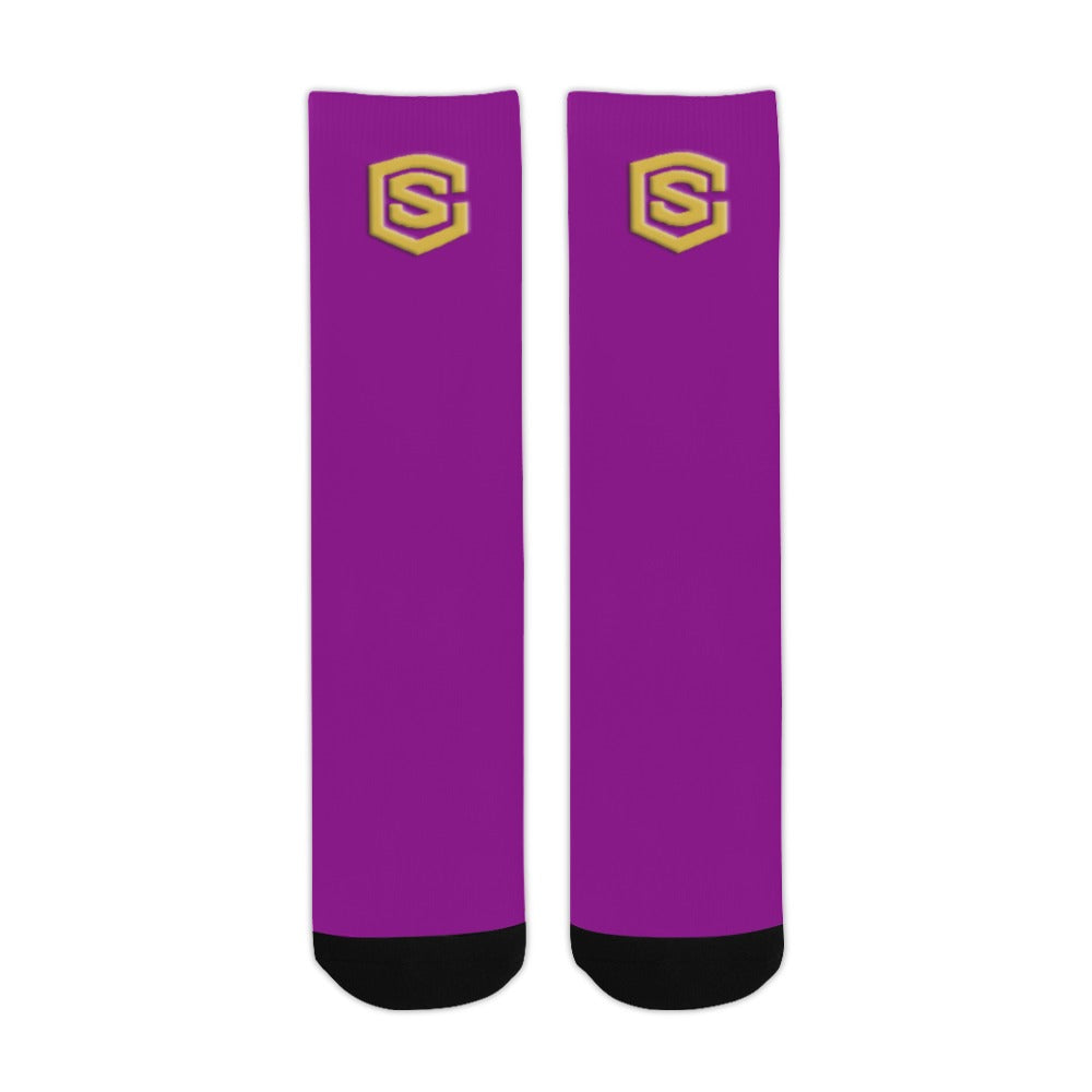Purple Sublimated Crew Socks (Made In USA) with Gold Logo Sublimated Crew Socks (Made In USA)