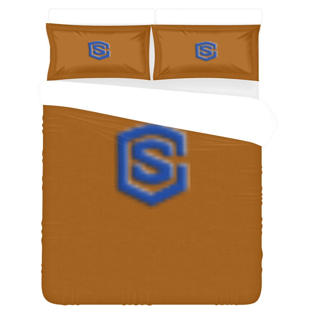 Brown 3-Piece Bedding Set (1 Duvet Cover 86"x70"; 2 Pillowcases 20"x30")(One Side) wtih Blue Logo 3-Piece Bedding Set (1 Duvet Cover 86"x70"; 2 Pillowcases 20"x30")(One Side)