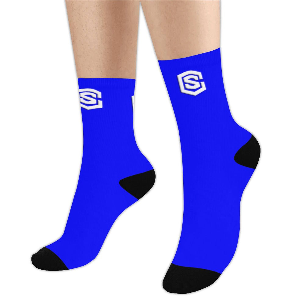 Blue Sublimated Crew Socks (Made In USA) with White Logo Sublimated Crew Socks (Made In USA)