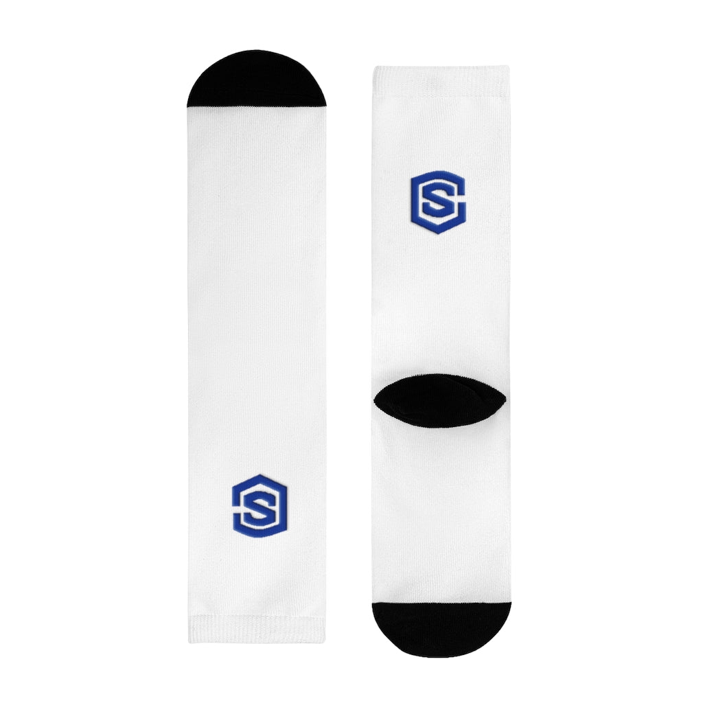 white Sublimation Crew Socks (EU) Blue Logo