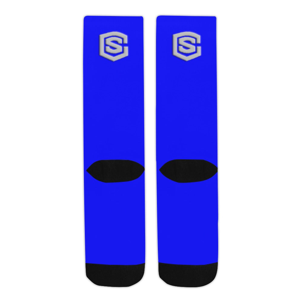 Blue Sublimated Crew Socks (Made In USA) with Silver Logo Sublimated Crew Socks (Made In USA)