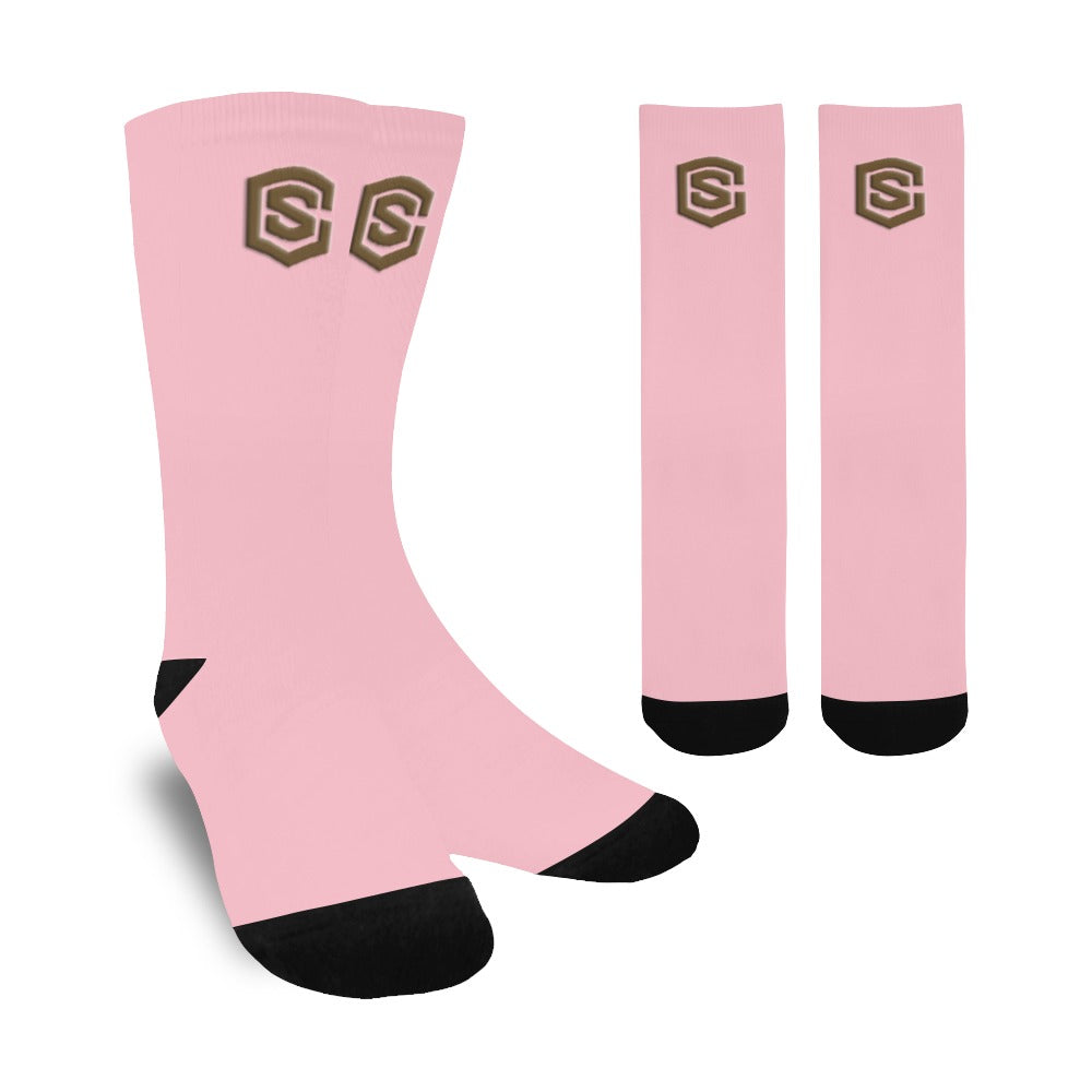 Pink Sublimated Crew Socks (Made In USA) with Brown Logo Sublimated Crew Socks (Made In USA)