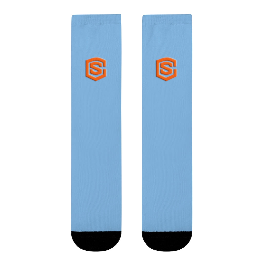 Blue Sublimation Crew Socks (EU) Orange Logo
