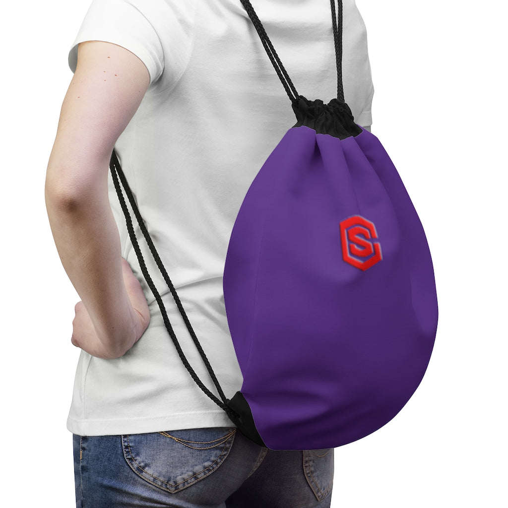 Purple Drawstring Bag Red logo