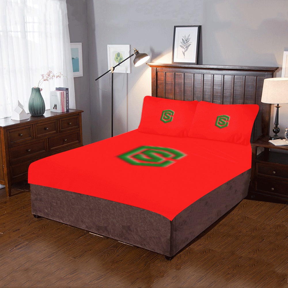 Red 3-Piece Bedding Set (1 Duvet Cover 86"x70"; 2 Pillowcases 20"x30")(One Side) wtih Green Logo 3-Piece Bedding Set (1 Duvet Cover 86"x70"; 2 Pillowcases 20"x30")(One Side)