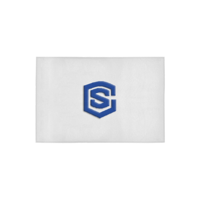 White Door Mat with Blue Logo Doormat 24" x 16" (Sponge Material)