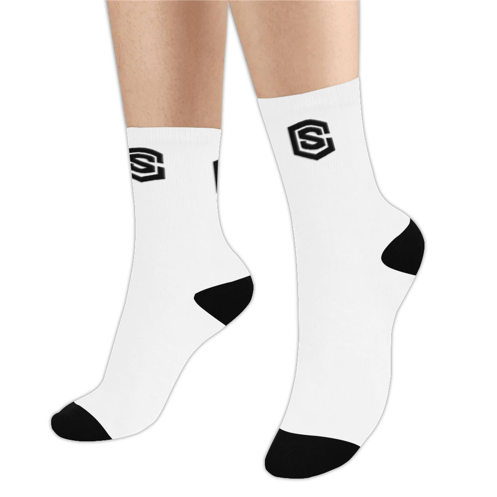 White Sublimated Crew Socks (Made In USA) with Black Logo Sublimated Crew Socks (Made In USA)