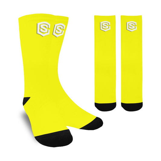 Yellow Sublimated Crew Socks (Made In USA) with White Logo Sublimated Crew Socks (Made In USA)