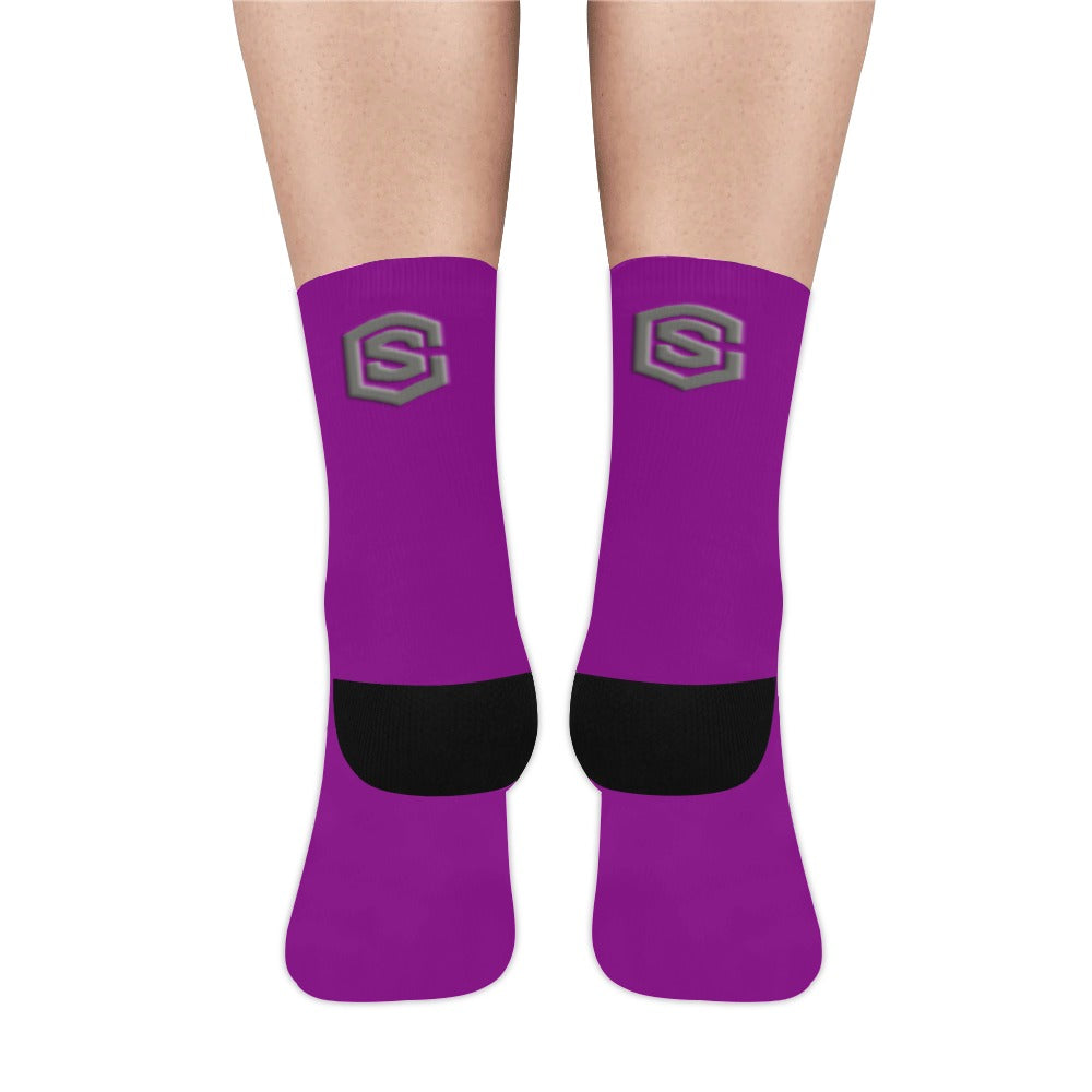 Purple Sublimated Crew Socks (Made In USA) with Gray Logo Sublimated Crew Socks (Made In USA)
