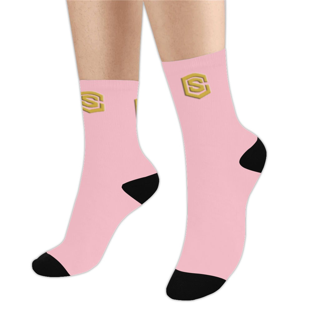 Pink Sublimated Crew Socks (Made In USA) with Gold Logo Sublimated Crew Socks (Made In USA)