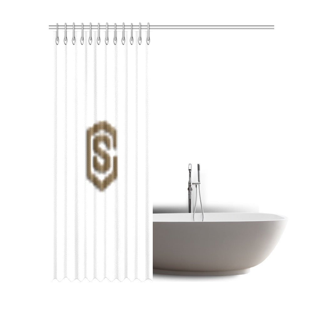 White Shower Curtain 69"x84" with Brown Logo Shower Curtain 69"x84"