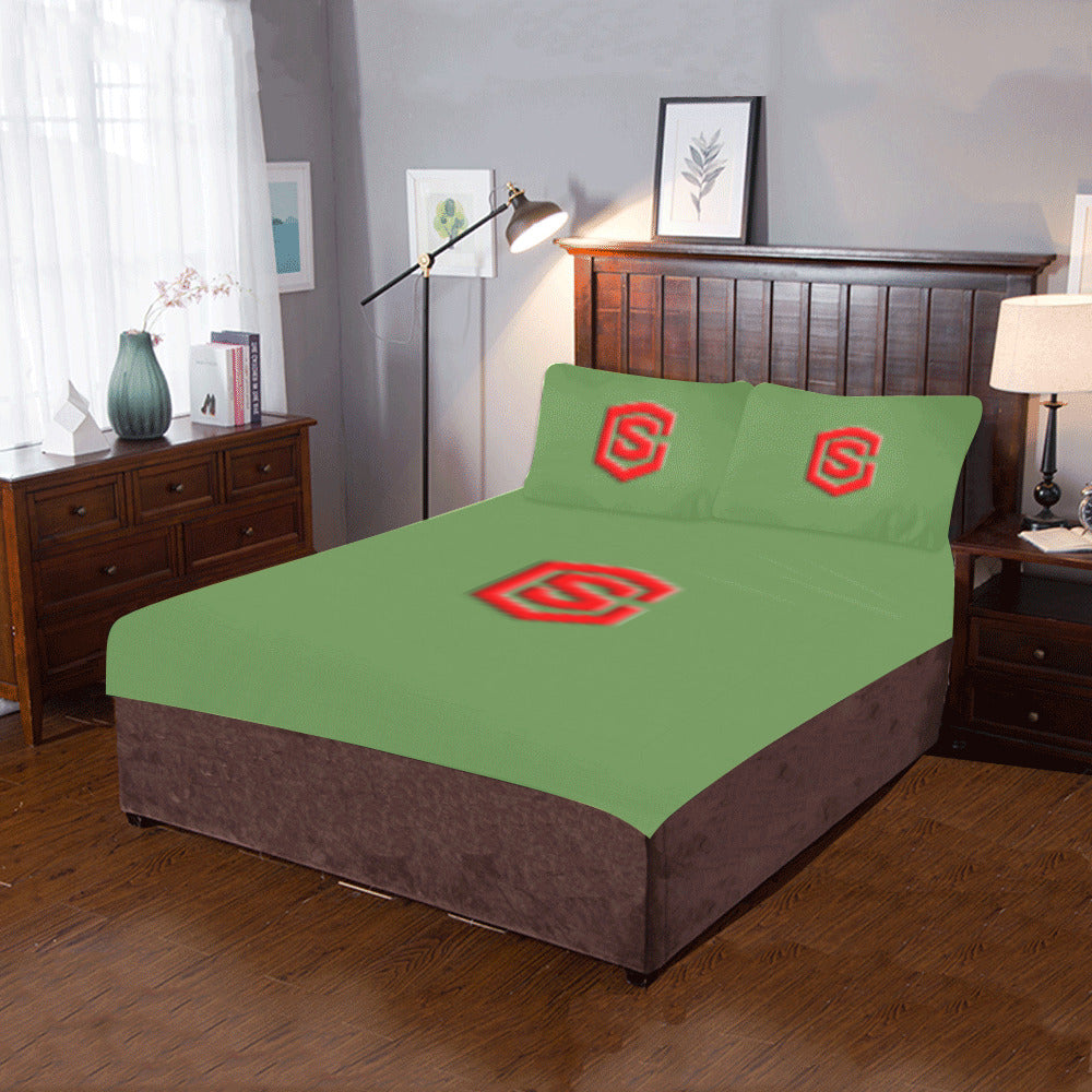 Green Duvet Cover Red Logo 3-Piece Bedding Set (1 Duvet Cover 86"x70"; 2 Pillowcases 20"x30")(One Side)
