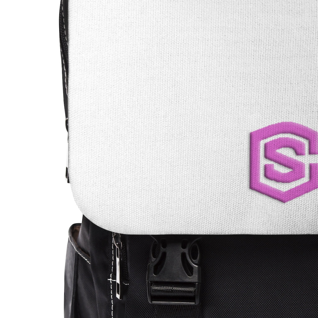 White Unisex Casual Shoulder Backpack Pink logo