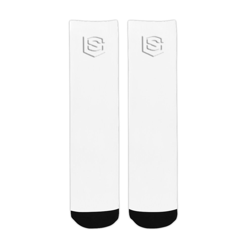 White Sublimated Crew Socks (Made In USA) with White Logo Sublimated Crew Socks (Made In USA)