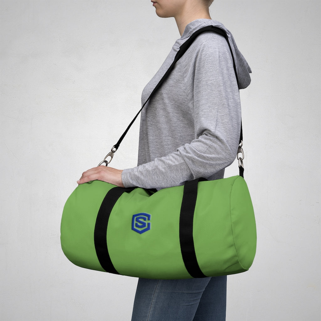 Green Duffel Bag Blue Logo