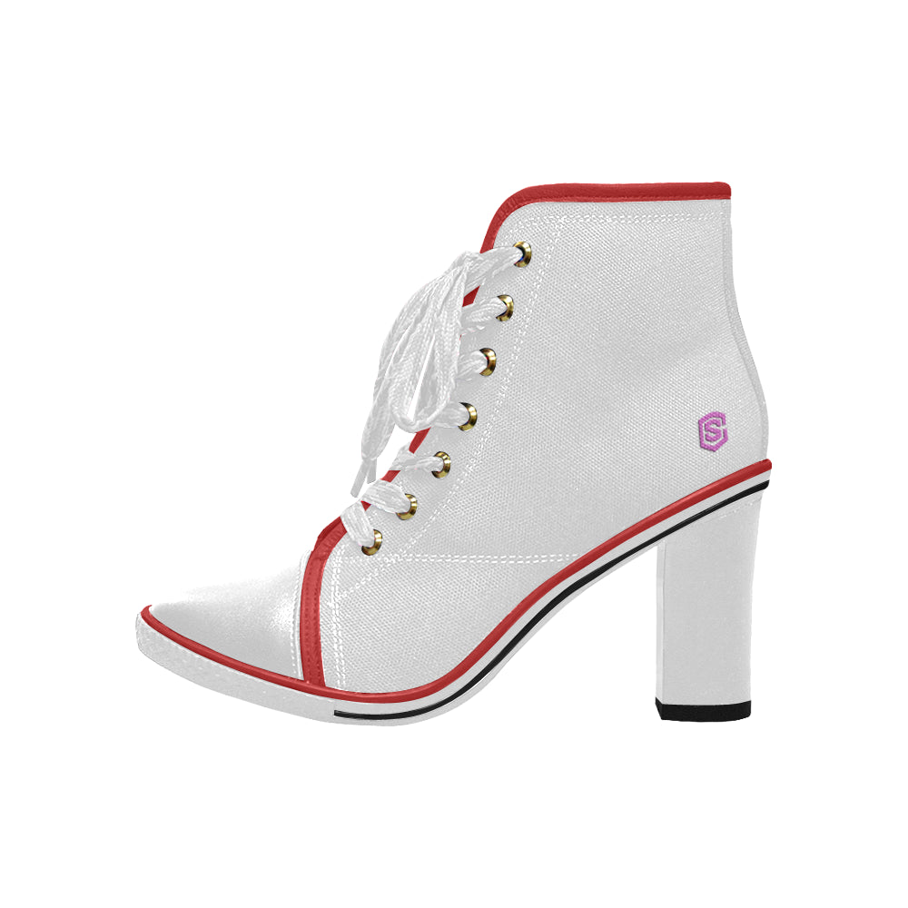 pink logo Women's Lace Up Chunky Heel Ankle Booties (Model 054)