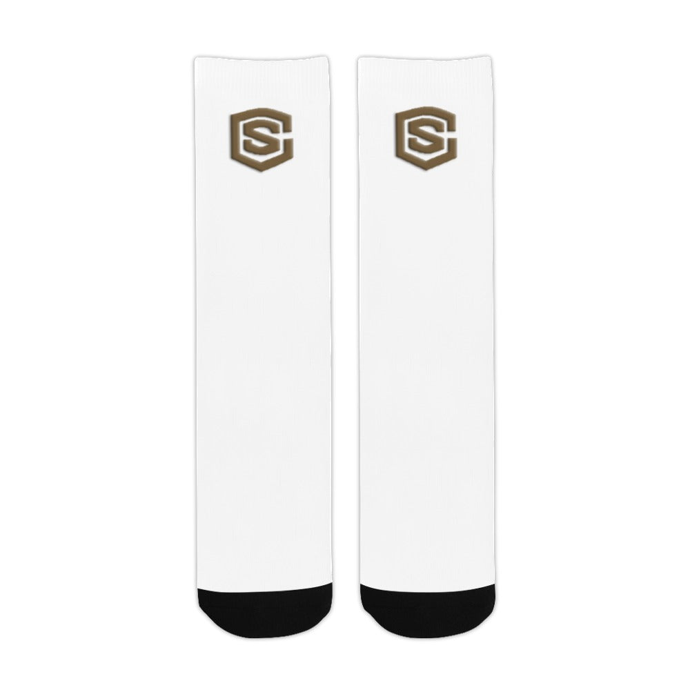 White Sublimated Crew Socks (Made In USA) with Brown Logo Sublimated Crew Socks (Made In USA)