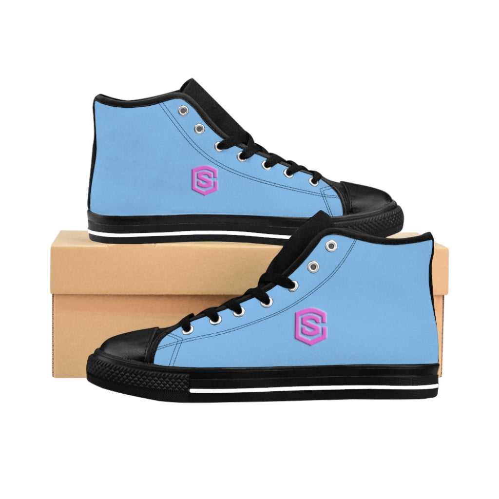 blue Men's High-top Sneakers - pink logo