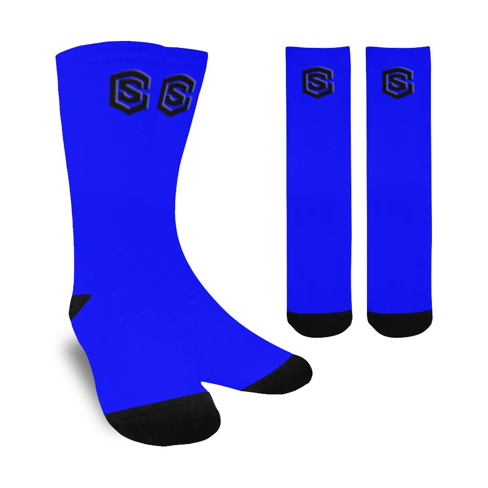 Blue Sublimated Crew Socks (Made In USA) with Black Logo Sublimated Crew Socks (Made In USA)