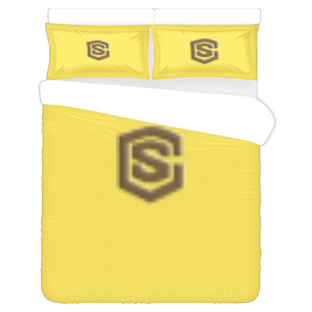 Yellow Duvet Cover Brown Logo 3-Piece Bedding Set (1 Duvet Cover 86"x70"; 2 Pillowcases 20"x30")(One Side)
